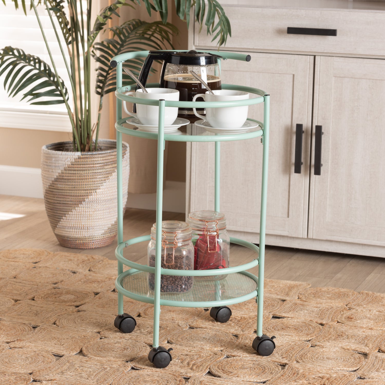 Newell Mid-Century Modern Kitchen Cart Mint Green Metal 2-Tier Rolling Storage Trolley