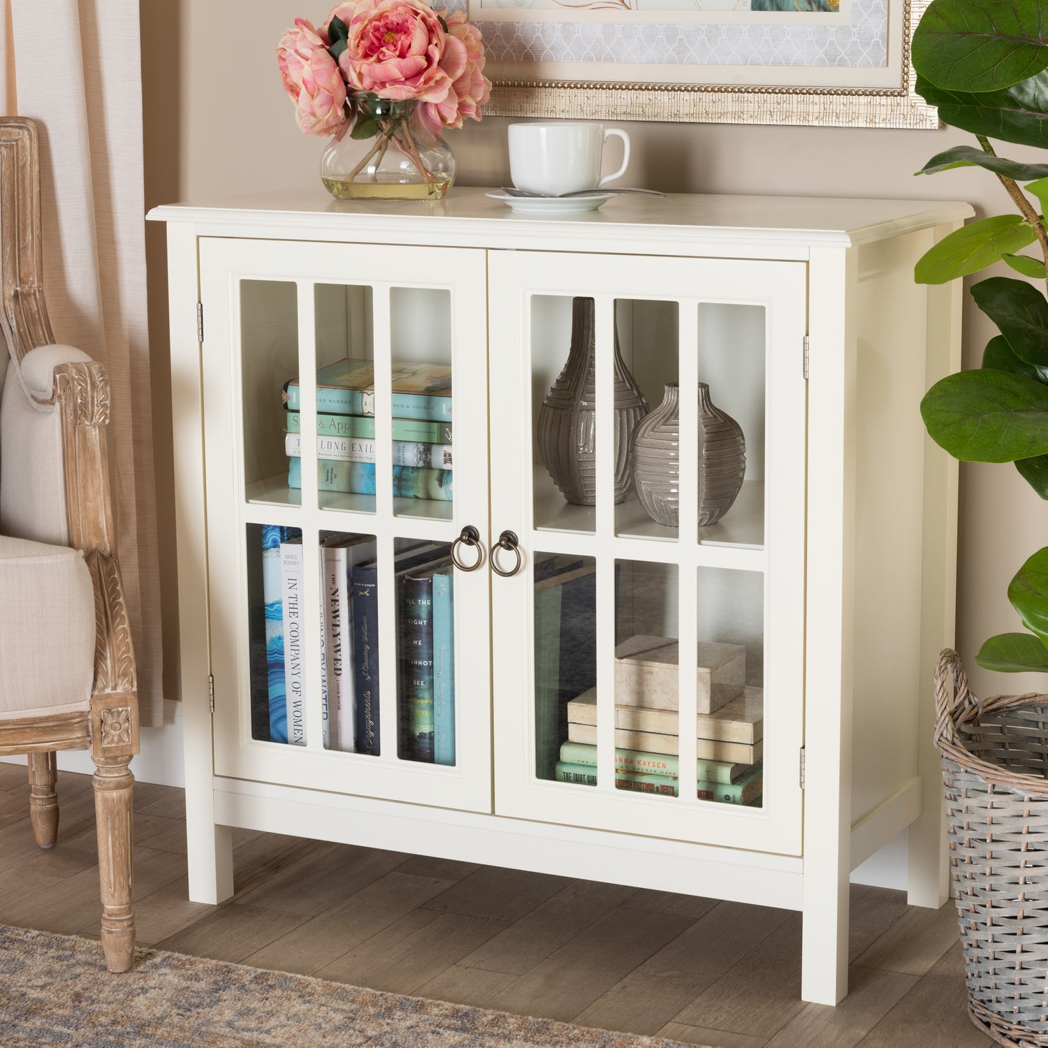 Kendall Kitchen Storage Cabinet Classic White Finished Wood with Glass Doors for Stylish Organization and Display