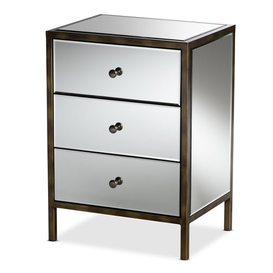 Nouria Mirrored End Table Modern Contemporary Hollywood Regency Glamour with 3 Drawers for Elegant Bedroom or Living Room Storage