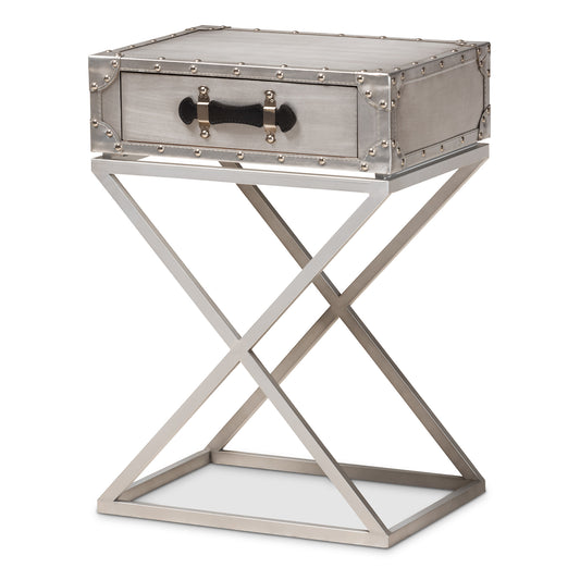 William Modern French Industrial Silver Metal End Table with Drawer for Stylish Living Room Storage