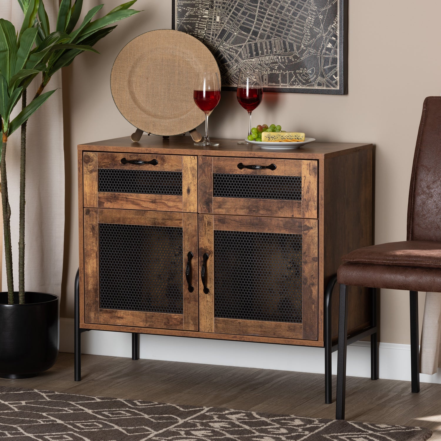 Valeska Sideboard Modern Industrial Design in Walnut Brown Wood and Black Metal with 2 Drawers for Stylish Storage