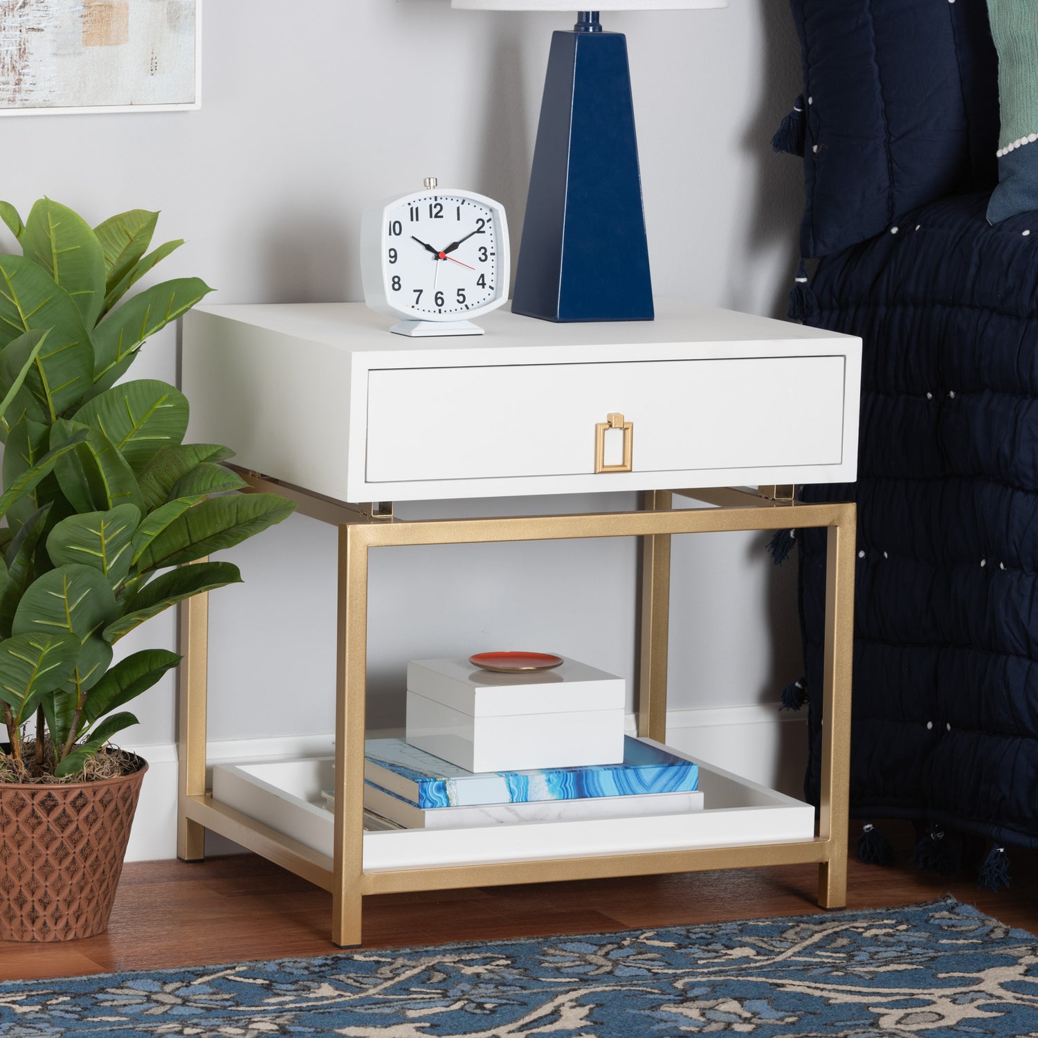 Melosa End Table Modern Glam and Luxe White Finished Wood and Gold Metal 1-Drawer