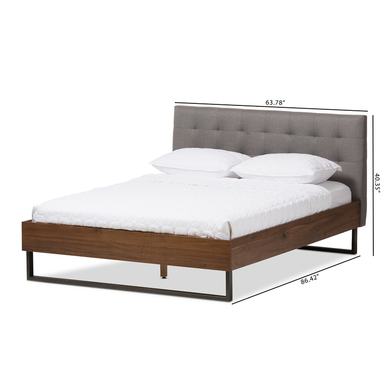 Mitchell Platform Bed - Rustic Industrial Walnut Wood with Grey Fabric and Dark Bronze Metal