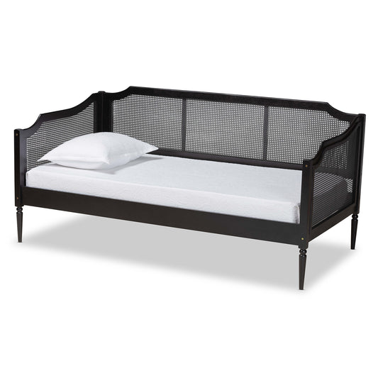 Hancock Twin Size Daybed Mid-Century Modern Design with Charcoal Wood and Synthetic Rattan Accents