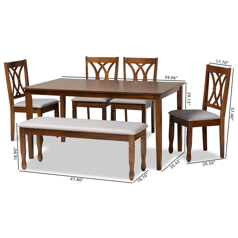 Reneau 6-Piece Dining Set in Modern Style with Grey Fabric Upholstery and Walnut Brown Wood Finish