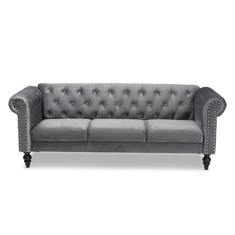 Emma Sofa Traditional Transitional Grey Velvet Fabric Upholstered Button Tufted Chesterfield