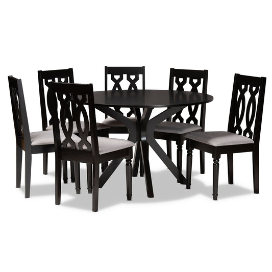 Callie Dining Set Modern Contemporary Grey Fabric Upholstered Dark Brown Finished Wood 7-Piece