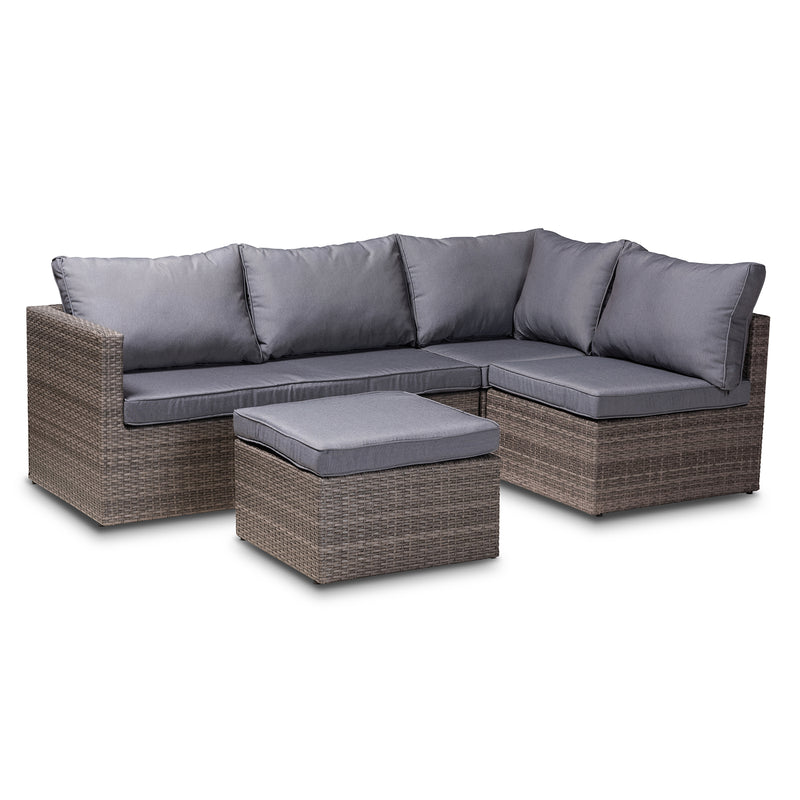 Pamela Outdoor Patio Set - Modern 4-Piece Woven Rattan Furniture with Grey Upholstery and Brown Finish