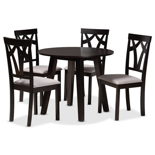 Derya 5-Piece Dining Set: Modern Grey Fabric Chairs with Dark Brown Finished Wood Table