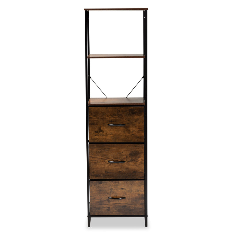 Hakan Modern Industrial 3-Drawer Storage Cabinet in Walnut Brown Wood and Black Metal for Stylish Organization