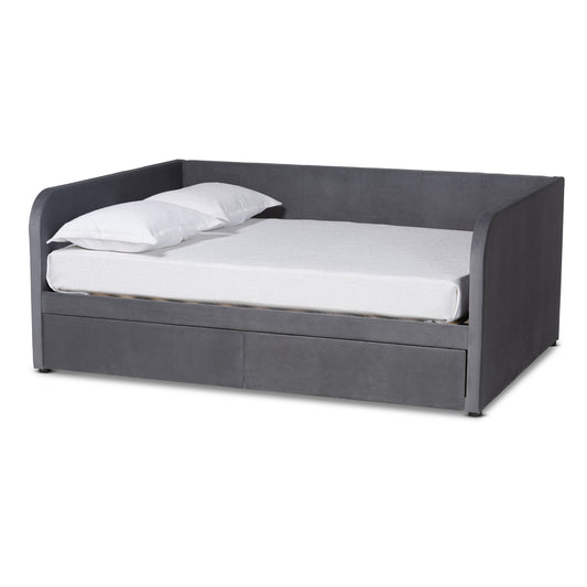 Basanti Full Size Daybed Modern Contemporary Grey Velvet Upholstered with 2 Drawers for Stylish Storage and Comfort