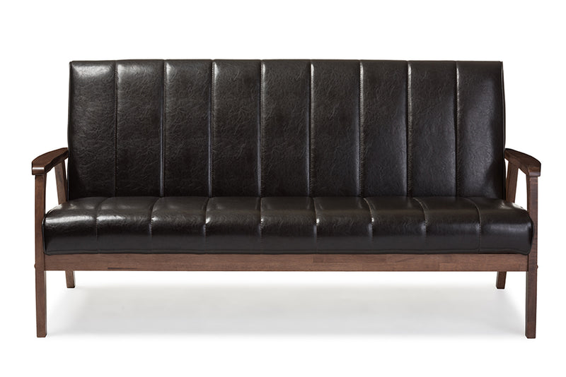 Nikko Sofa Mid-century Modern Scandinavian Style Black Faux Leather Wooden 3-Seater