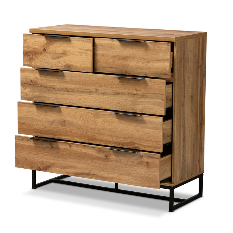 Franklin 5-Drawer Bedroom Chest in Modern Style with Oak Wood and Black Metal Accents