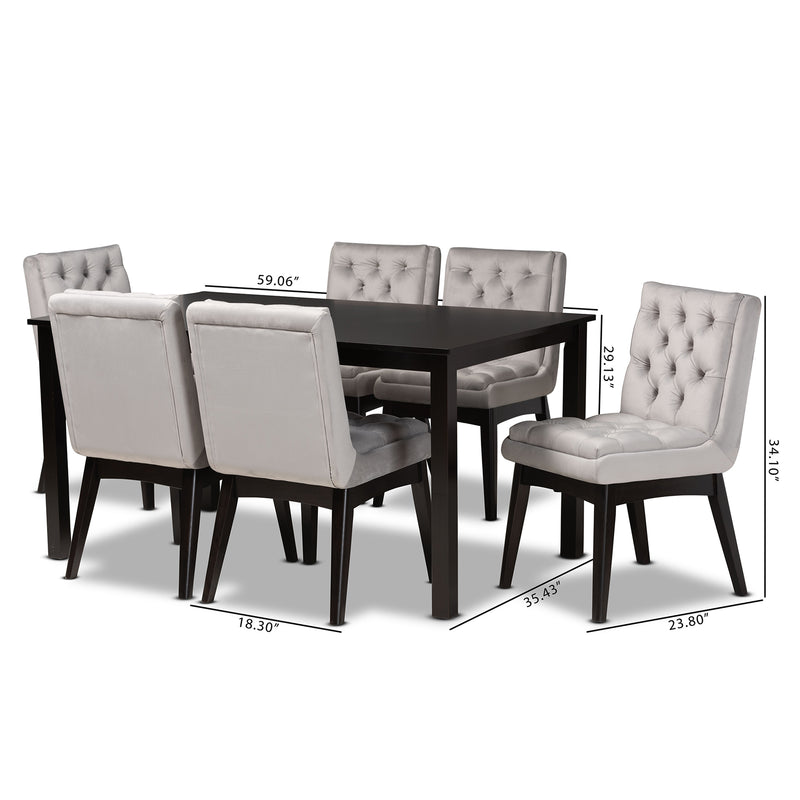 Makar Modern 7-Piece Dining Set with Light Grey Velvet Chairs and Dark Brown Finished Wood Table