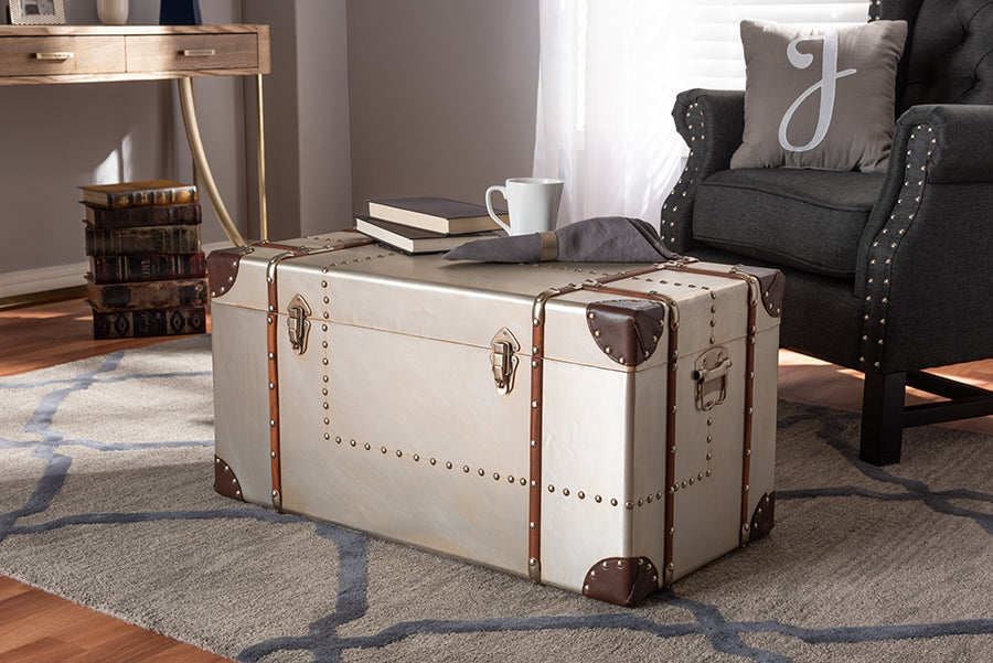 Bechet French Industrial Silver Metal Storage Trunk Vintage-Style Decorative Chest for Home Organization and Stylish Solutions