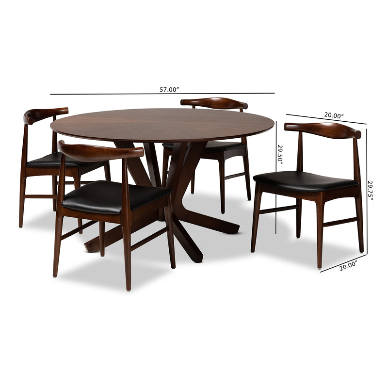 Berlin 5-Piece Wood Dining Set - Mid-Century Modern with Black Faux Leather Upholstery and Walnut Finish