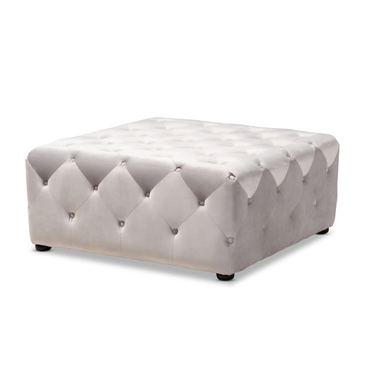 Calvetti Cocktail Ottoman Modern Slate Gray Velvet Fabric with Button-Tufted Design for Stylish Living Room Decor